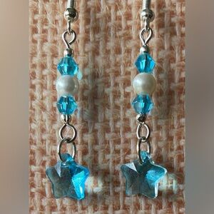 Faceted Crystal Aqua Star with Glass Pearl and Aqua Crystal Bead Dangle Earrings